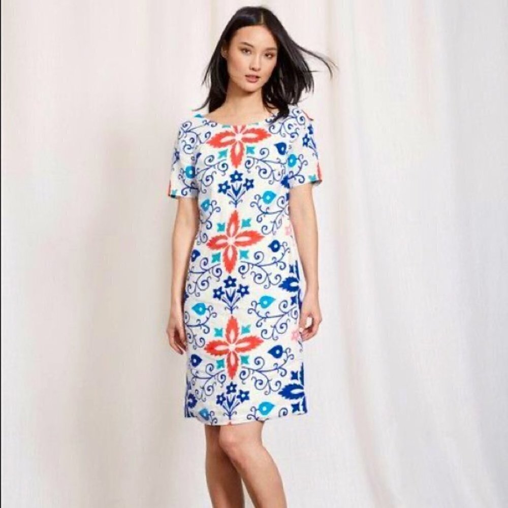 BODEN Delfina Linen‎ Mirror Print Short Sleeve Shift Dress- Size 18L Multicolor